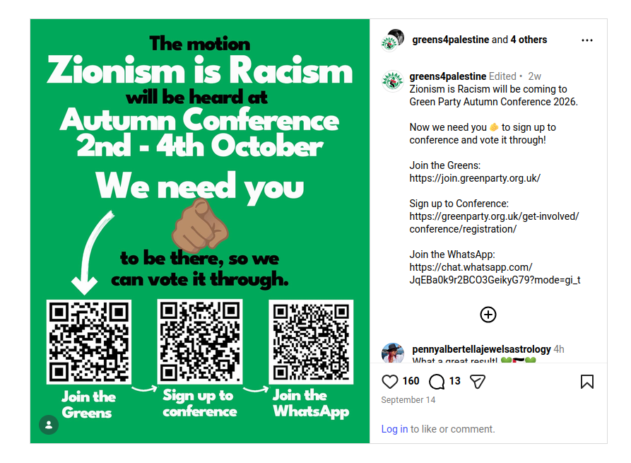 Screenshot from ZiR proposer Instagram Screenshot from Greens4Palestine Insta encouraging people to join the Green Party just to vote Zionism Is Racism through, QR codes and all